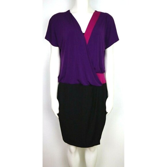 WOMEN'S PURPLE & BLACK WRAP TOP STRETCH KNIT DRESS - MAGGY LONDON - SIZE 8 - Picture 1 of 6
